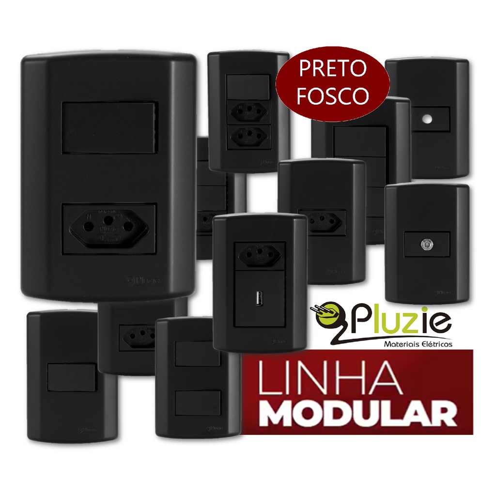 Tomada Interruptor Pluzie Preto Fosco Modular Linha Completa | Shopee ...