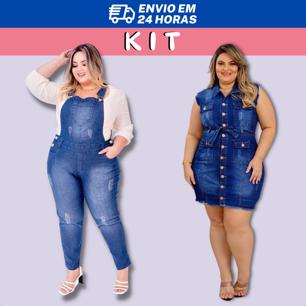 Kit 1 Vestido Plus Size Curve Lycra + 1 Jardineira Jeans Feminina Promoção  - Atenas Jeans