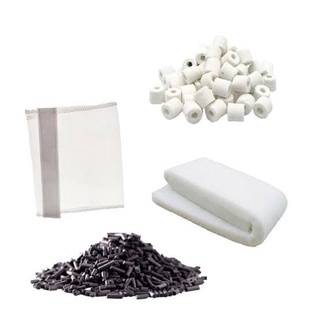 Combo mídias filtrantes 1kg carvão 1kg cerâmica, 2 bolsas 1M lã.