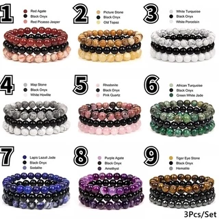 6mm Pedra Natural Pulseira Conjuntos 3 Pçs/set Rhodonite Rosa Quartzo Turquois Ametista Hematita Pulseiras Para As Mulheres Homens Jóias