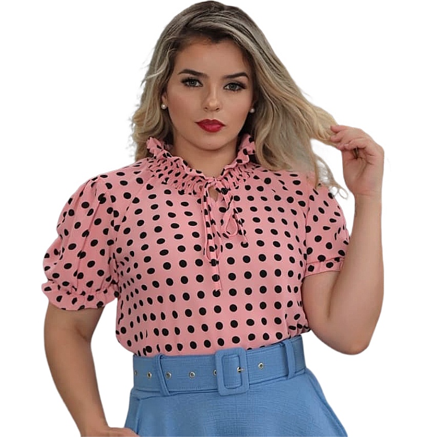 Blusa Evangelica Feminina Manga Curta Bolinha poa Social Crepe Executiva