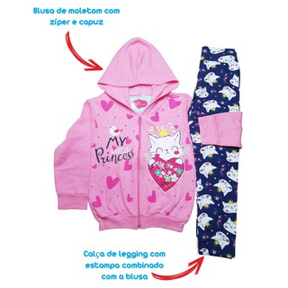 Conjunto Infantil Blusa Moletom com Zíper e Capuz + Calça Menina