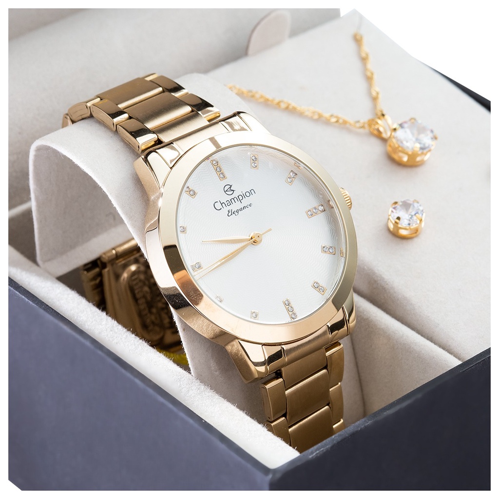 Relógio Champion Dourado Magnum Feminino Conformável Leve Colar e Brincos  Folheados Luxo CN25690D