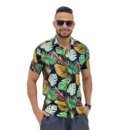 Camisa Camiseta Masculina Long Line Manga Curta Floral Estampada Moda Praia  Verao