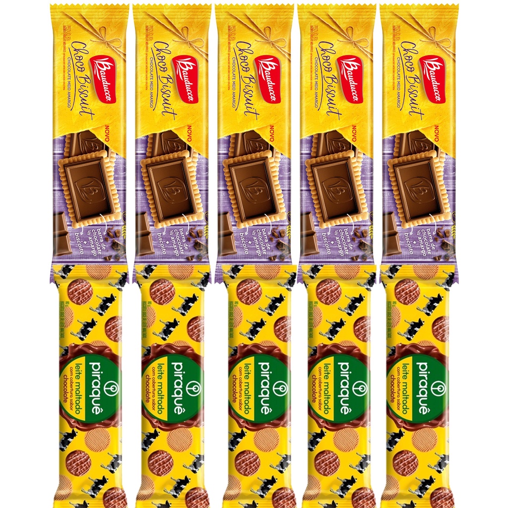 5un Piraquê Leite maltado + 5un Bauducco Choco biscuit 80g
