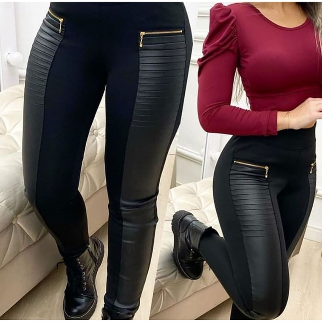 Calça Legging Montaria Feminina Leg Bolso zíper com Couro Sintético