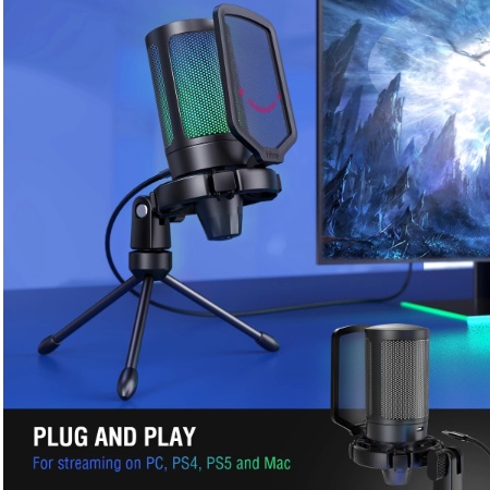Fifine usb condensador gaming microfone, para pc ps4 ps5 mac com filtro pop montagem de choque & controle de ganho para podcasts, twitch, youtube