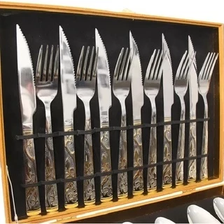 Kit Faqueiro Talheres Com Maleta 24 Peças Em Inox C/ Dourado