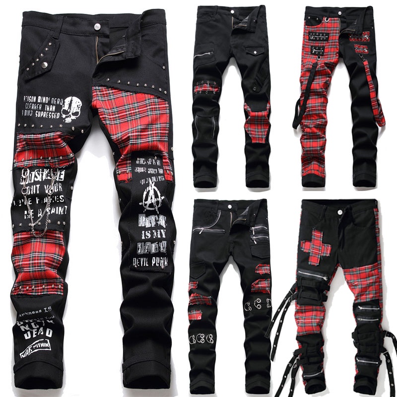 Calças De Brim Dos Homens De Moda Hetero Fit Compridas Hip Hop Estilo punk