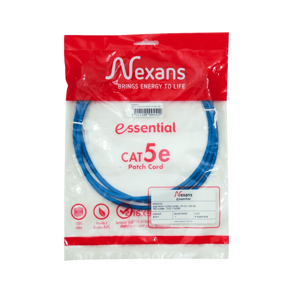 Kit 10 Patch Cord Cat5e Nexans Essencial 1,5mts Azul Promoção