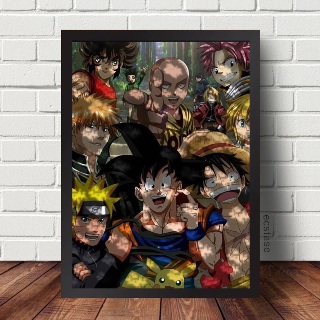 Kit 3 Quadros Anime Kids Luffy Goku Naruto Moldura e Vidro