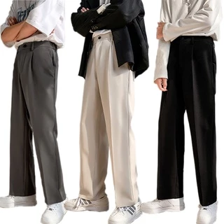 Calças Masculinas De Cor Lisa Estilo Coreano , De Terno Da Moda , Pernas Largas , Soltas , Negócios Cortadas Combinadas