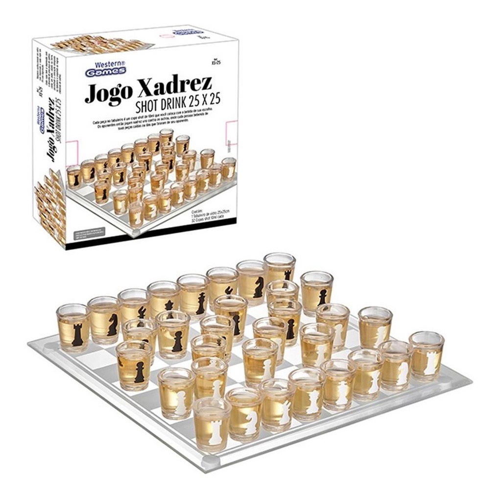 Jogo De Xadrez Shot Drink Tabuleiro De Vidro Tequila 25x25cm