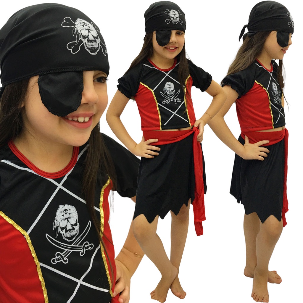 Vestido Fantasia Infantil Pirata Com Bandana E Tapa Olho Preto - Lojas  Torra