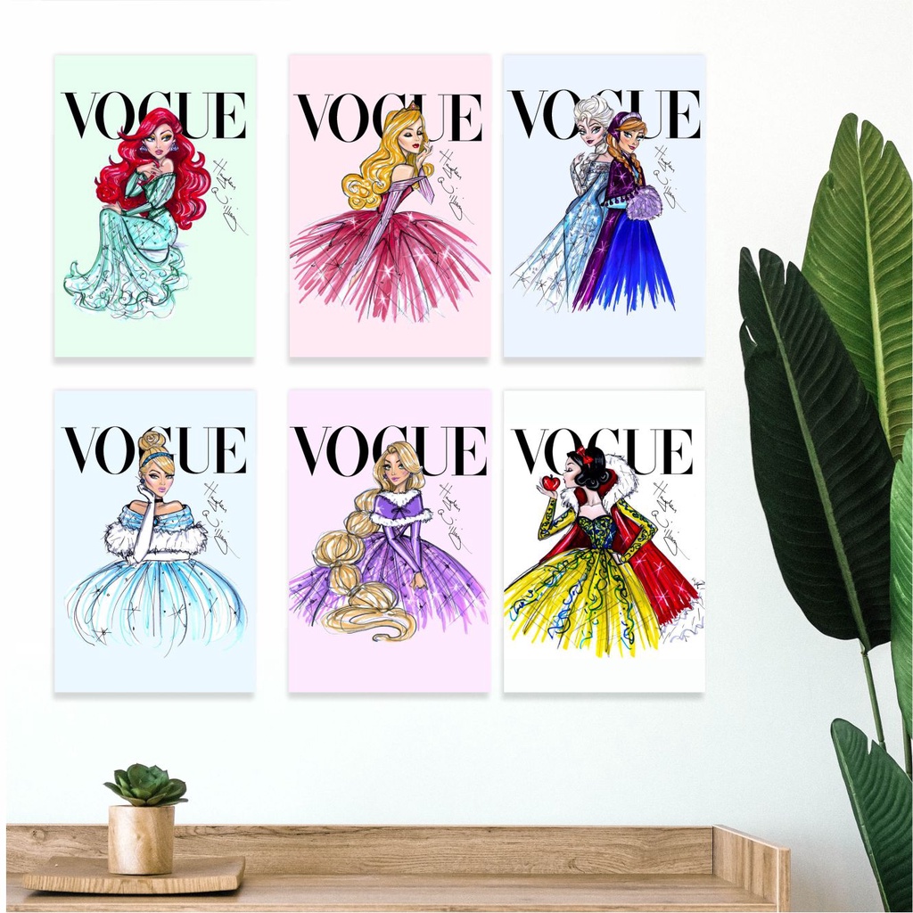 Quadro Placa Decorativa Princesa Disney Revista Vogue Fashion Branca de Neve Bela Ariel Cinderela Frozen - Decoração Quarto Infantil Menina