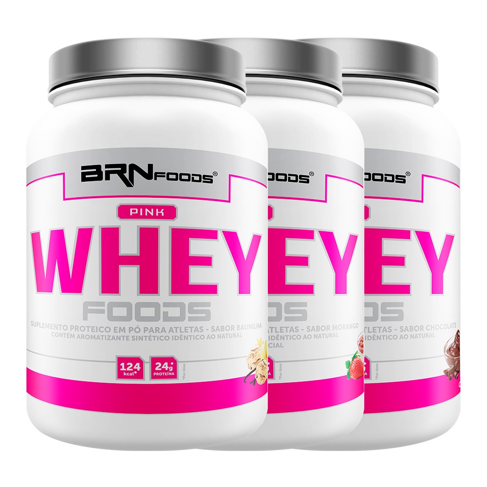 Kit 3x Whey Protein Pink Whey com colágeno 900g – BRNFOODS Kit para mulheres fortes