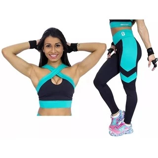 Kit Conjunto Academia Feminino Fitness Calça Legging Cintura Alta + Top em X