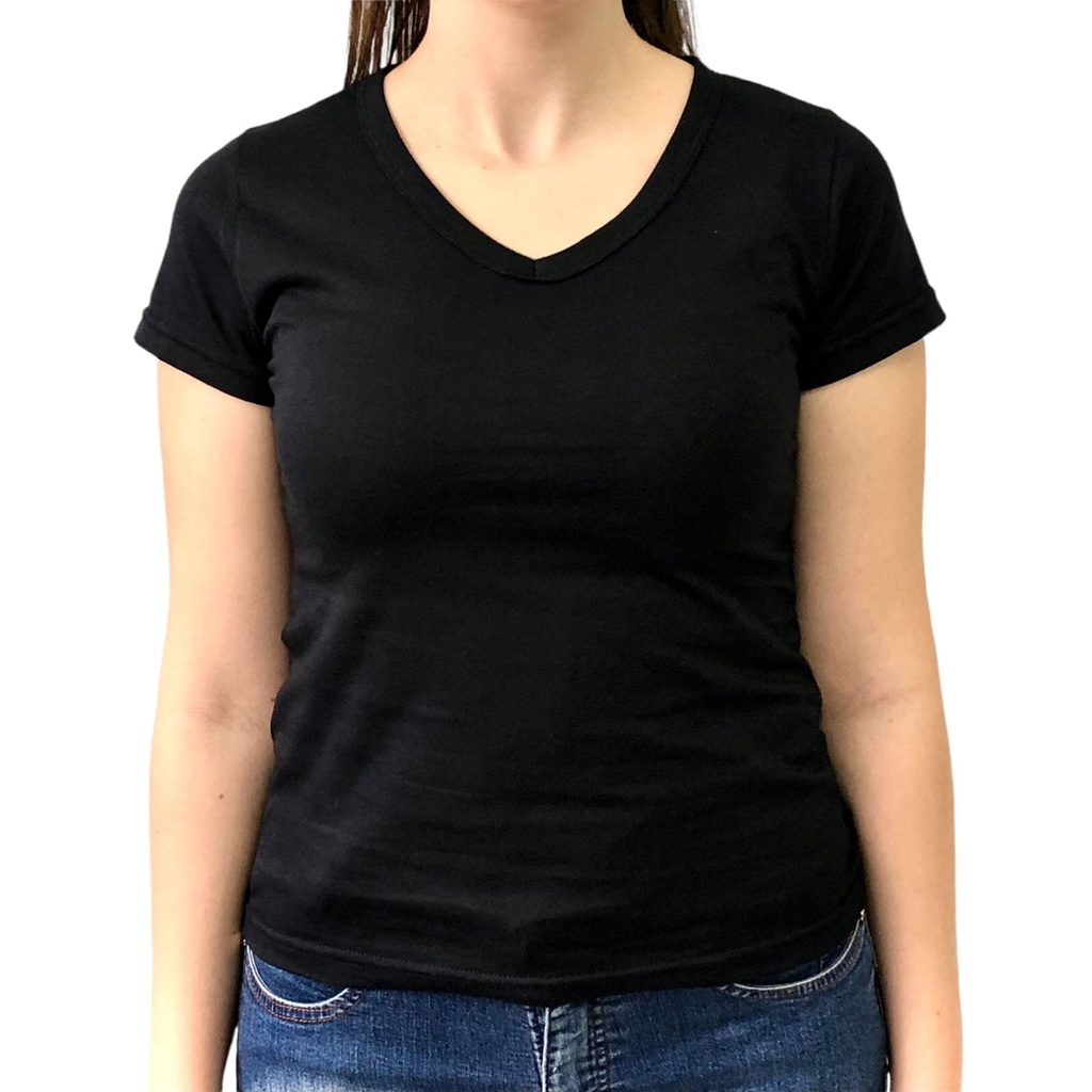 Baby Look Preta Gola V Feminina Blusa Básica 100% Algodão Fio 30.1