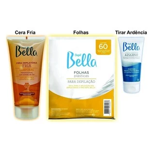 Kit Depilação Cera Fria 200g + 60 Folhas + Creme Azuleno Calmante Depil Bella