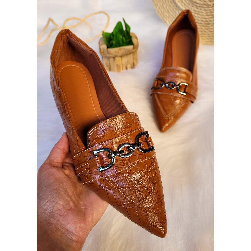 Sapatilha Bico Fino Feminina Mocassim Feminino Sapato Feminino Confortável  Promoção Casual Cobra Detalhe Metalizado