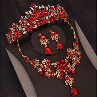 conjunto tiara noiva mais colar e brinco cor vermelho noiva debutante daminha