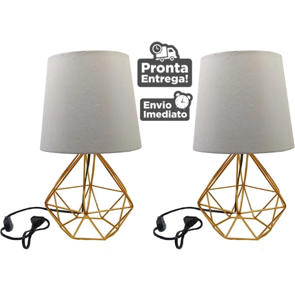 Kit 2 Abajur Luminária Diamante De Mesa Quarto Cúpula Branca Preto Luxo Luxo