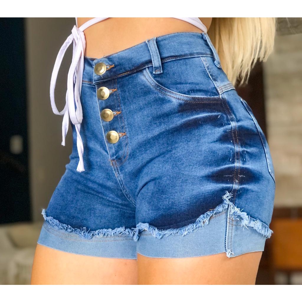 Short Jeans Feminino Justo Com Lycre Cintura Alta Levanta Empina Bumbum ...