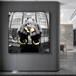 Quadro decorativo 1 peça 40x60 Rapper jóias de ouro com vertical dedo médio para sala quarto