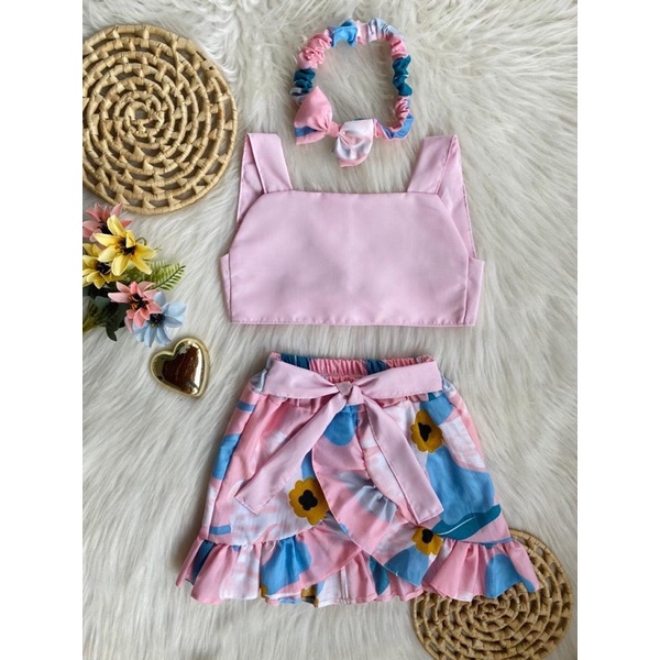Conjunto de 2 peças de roupa Kawaii infantil infantil com babados, sem  mangas, xadrez, com botão e alça de botão 