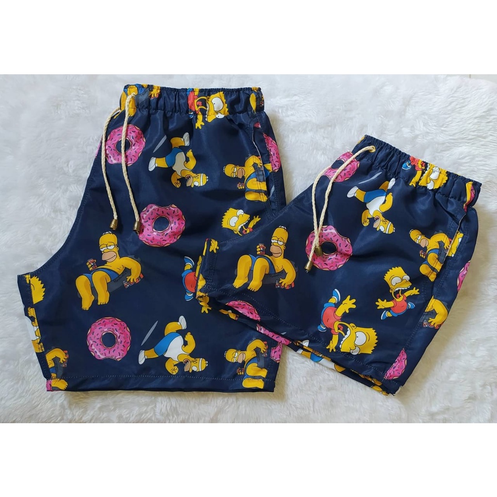 Kit Casal 2 Shorts Moda Verao Homer Simpsons Azul Marinho Tactel