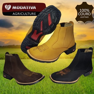 Bota Botina Texana Country Modativa Couro Cano Médio Bico Quadrado