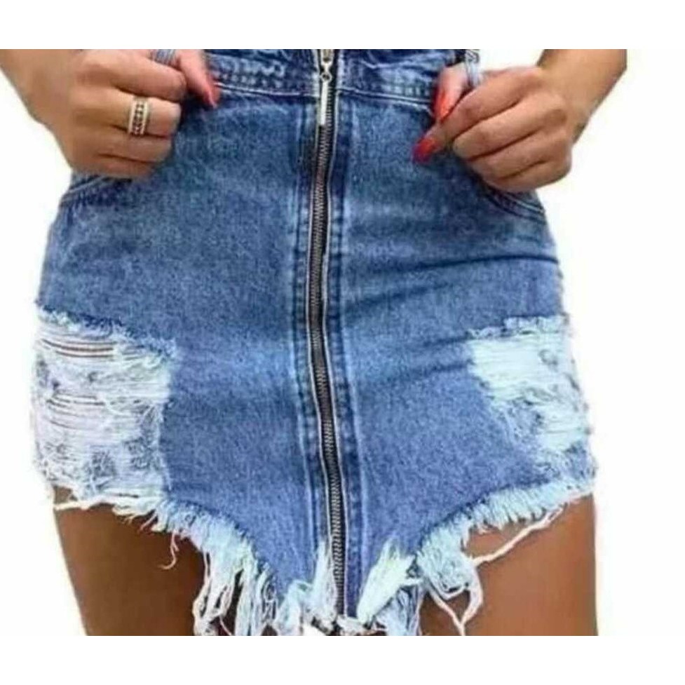 Saia Midi One Jeans Cintura Alta com Lycra e Detalhe Destroyed