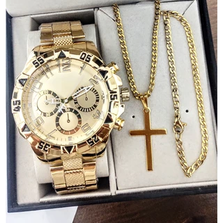 Conjunto relógio masculino + corrente cruz e pulseira dourado