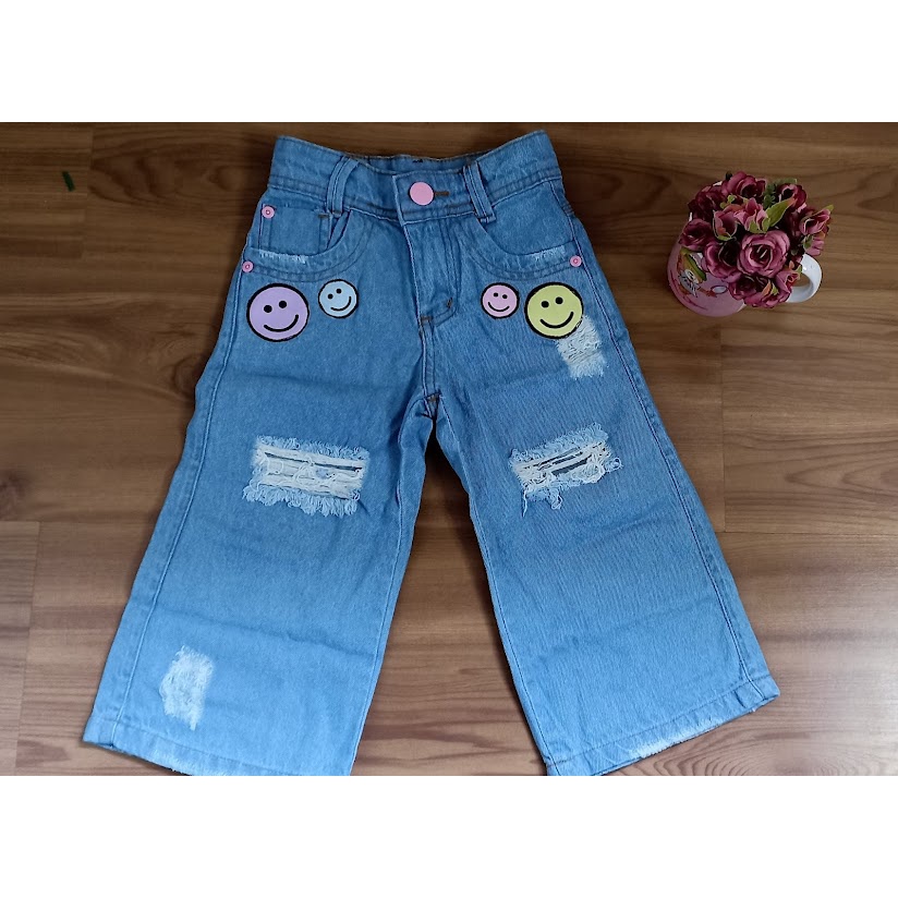 Calça Jeans Infantil Menina Wide Leg Pantalona Moda diva blogueirinha  Estampas/Apliques