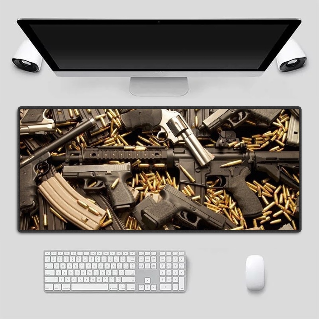 Mouse pad para jogos com arma, pistola e bordas costuradas