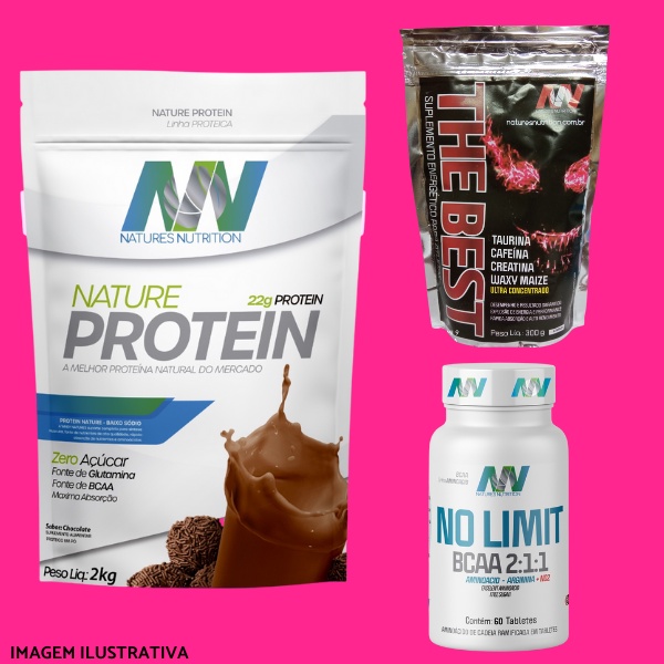 Kit 01 Whey Gourmet Nature Protein 2KG + 01 BCAA TABLETE + 01 PRÉ TREINO 300G