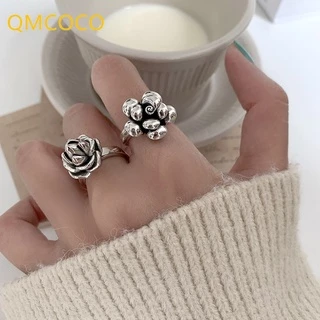 QMCOCO Vintage Punk Retro Prata Cor Doce Flor Anel Largo Jóias Finas Para Mulheres Nova Moda Acessórios De Festa Criativa Presente