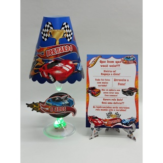 COMBO: 5 Abajures taça c/ LED + 5 Plaquinhas de agradecimento Hot wheels