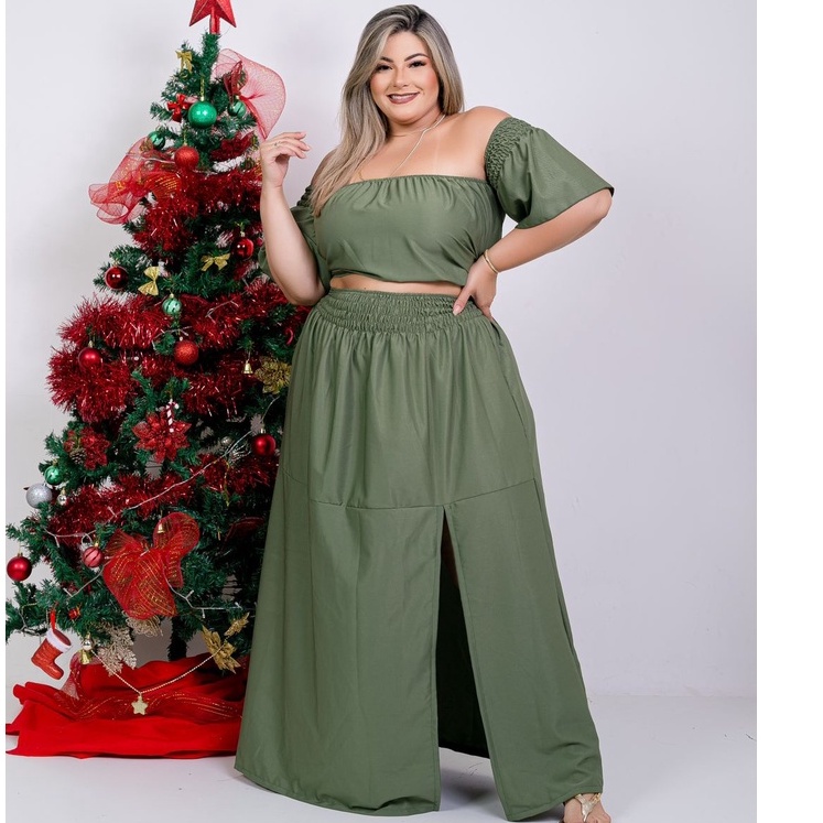 Saia longa fenda com cropped cheap plus size