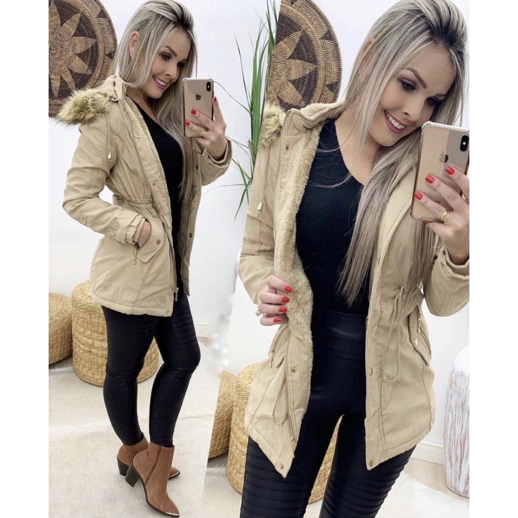 Casaco Parka De Sarja Feminino Blogueira Forrada Pelúcia Roupas Inverno