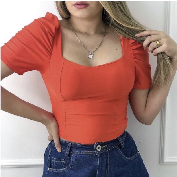 Cropped Feminino Suplex com Manga Princesa Bufante com Bojo Alicia Suplex Premium Blusa Feminina Blusinha