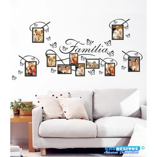 Adesivo Decorativo de Parede Porta Retrato Com Borboletas e Palavra "Família"