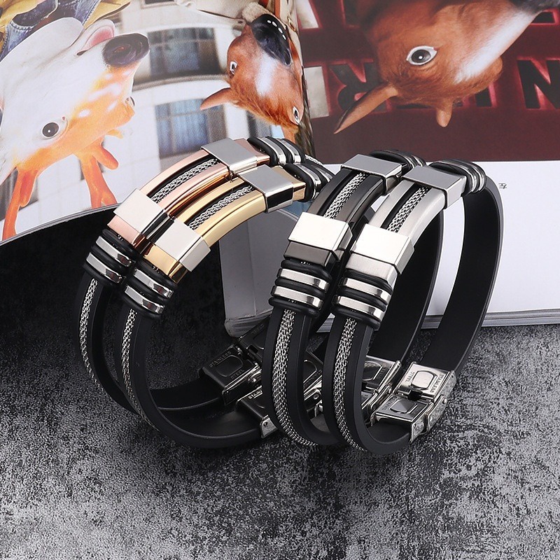 Hip Hop Moda Masculina Silicone Pulseira De Aço Titânio Acessórios De Jóias