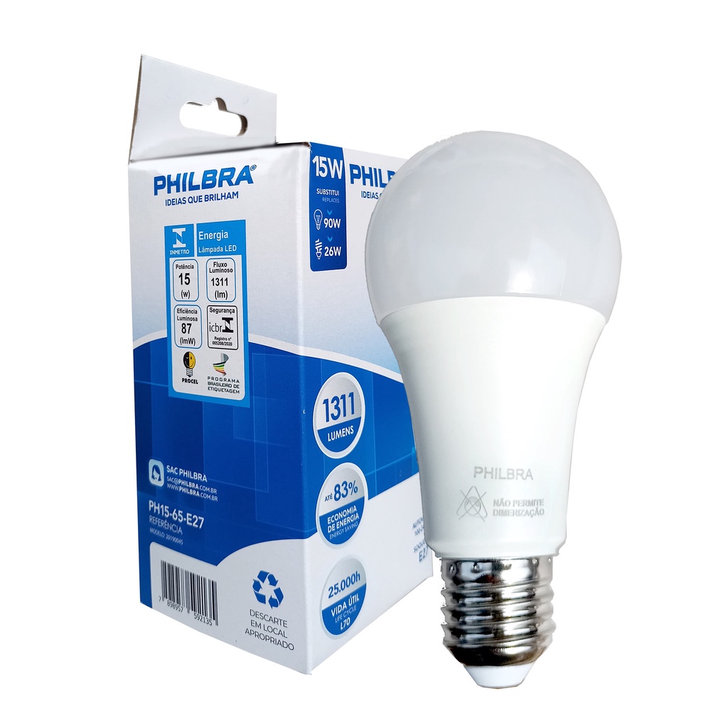 LAMPADA LED BULBO 15W 6500K BIV 1320LM PHILBRA | Shopee Brasil