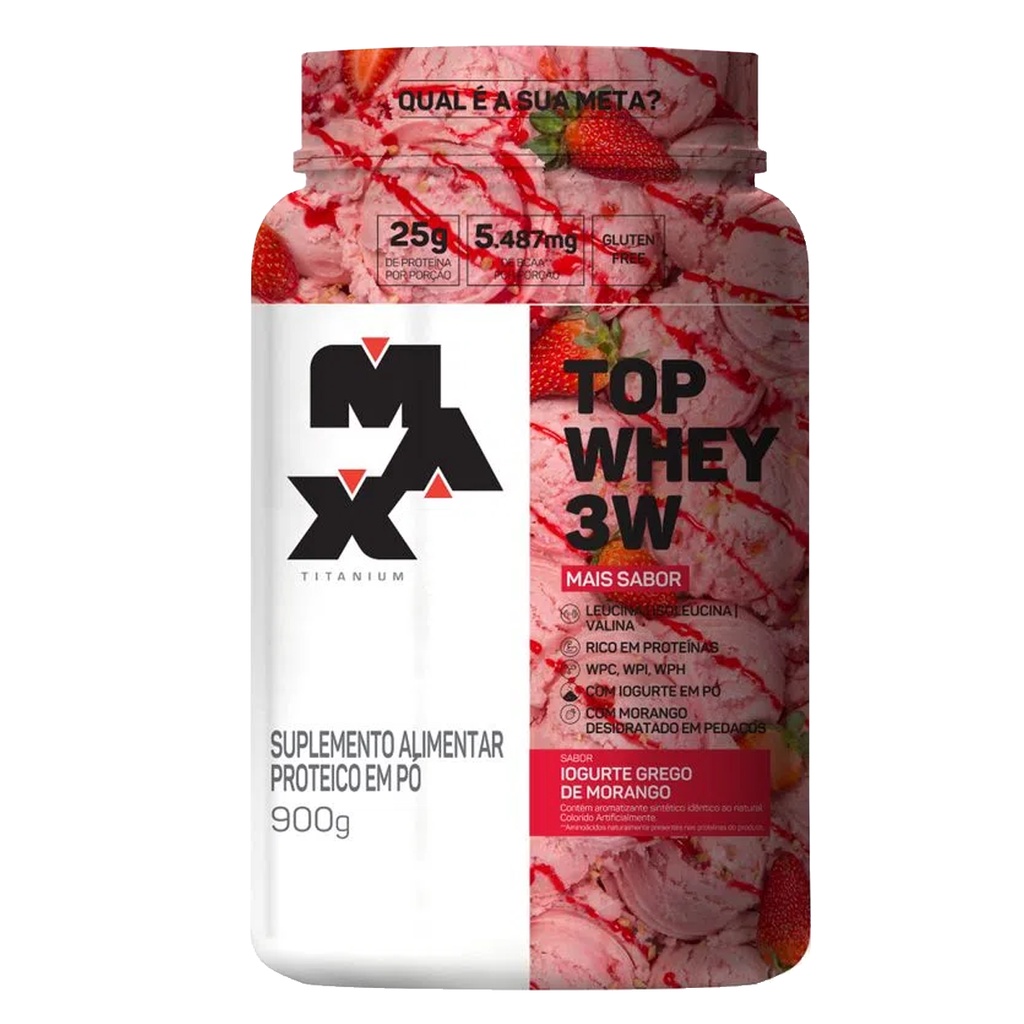 Top Whey 3W + Sabor Iorgute Grego Morango 900g Max Titanium