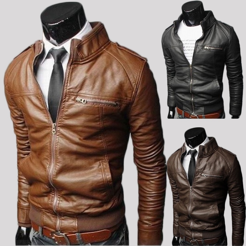 Men's Stand Collar Leather Jacket Motorcycle Lightweight Faux