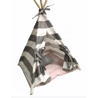 Toca cabana tenda casinha cama pet cães e gatos P cinza listrado com rosa
