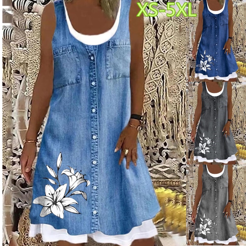 Valor Escolha Mulheres Casual Flor Denim Impressão Vestido de Pescoço Redondo sem mangas Vestido de Estudante Saia de Verão Novo Estilo Azul Cinza