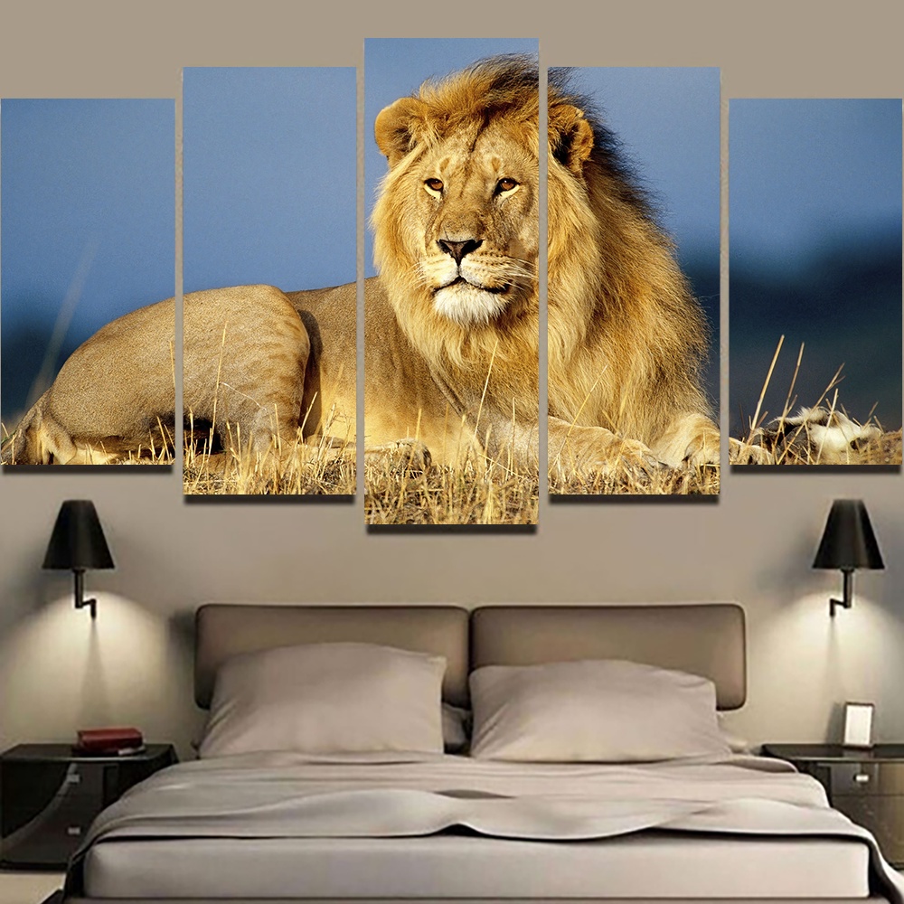 Quadro Decorativo Mosaico 5 Peças Leão da Selva