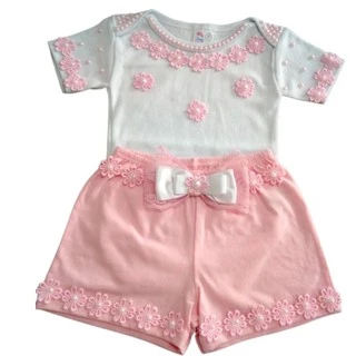 Conjunto bebe menina body com shortinho luxo rendas e perolas
